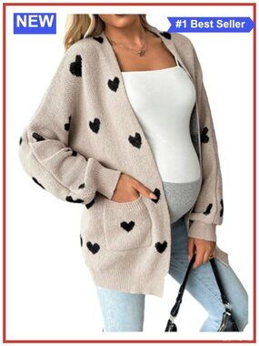 Maternity Heart Print Knit Cardigan Drop Shoulder Oversized Sweater